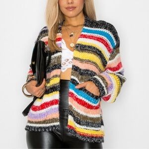 Cezele Women's Funky Fun Multicolor Rainbow Slouchy Oversized Cardigan Sz S